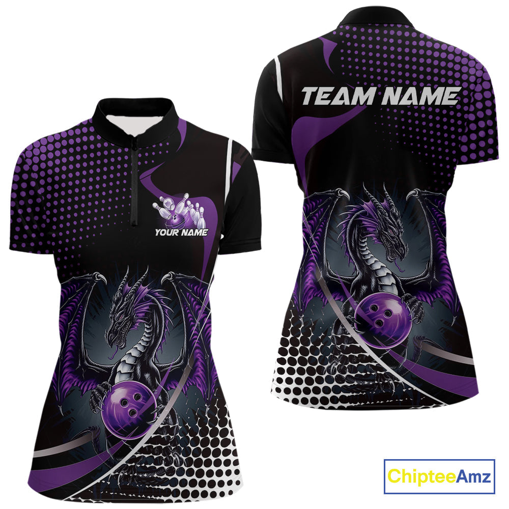 Custom Purple Dragon Bowling Jersey, Bowling Team Uniform Women Quarter-Zip Shirt IPHW9534