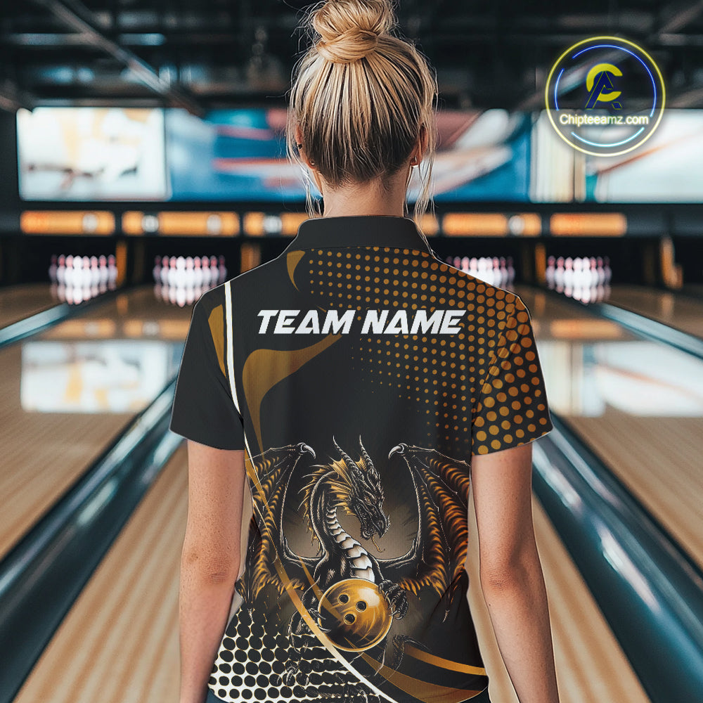 Custom Yellow Dragon Bowling Jerseys, Mystical Bowling Team Uniform Polo Shirts For Women IPHW9535
