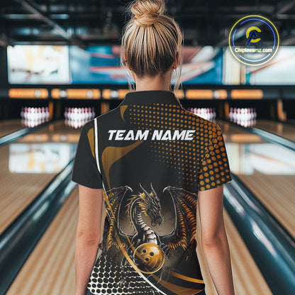 Custom Yellow Dragon Bowling Jerseys, Mystical Bowling Team Uniform Polo Shirts For Women IPHW9535