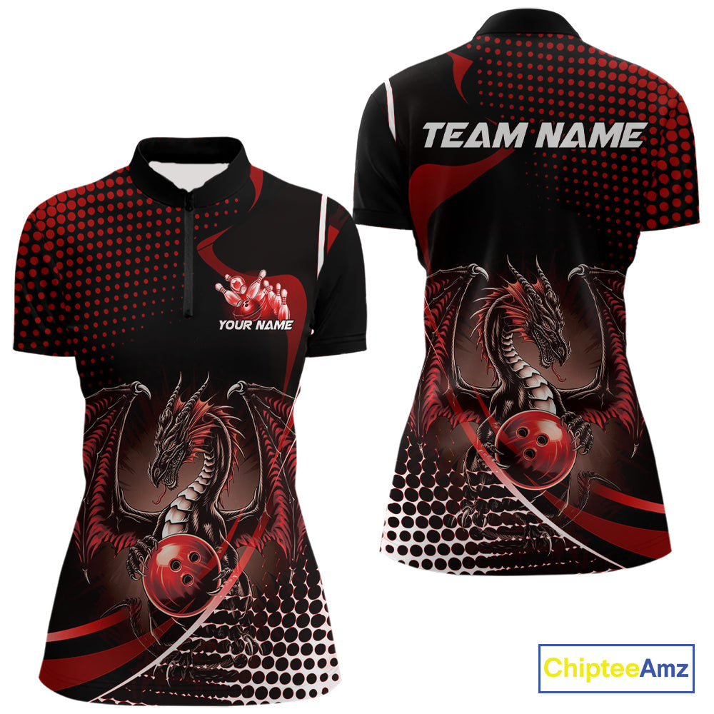 Custom Blue Dragon Bowling Jerseys, Mystical Bowling Team Uniform Women Quarter-Zip Shirt IPHW9537