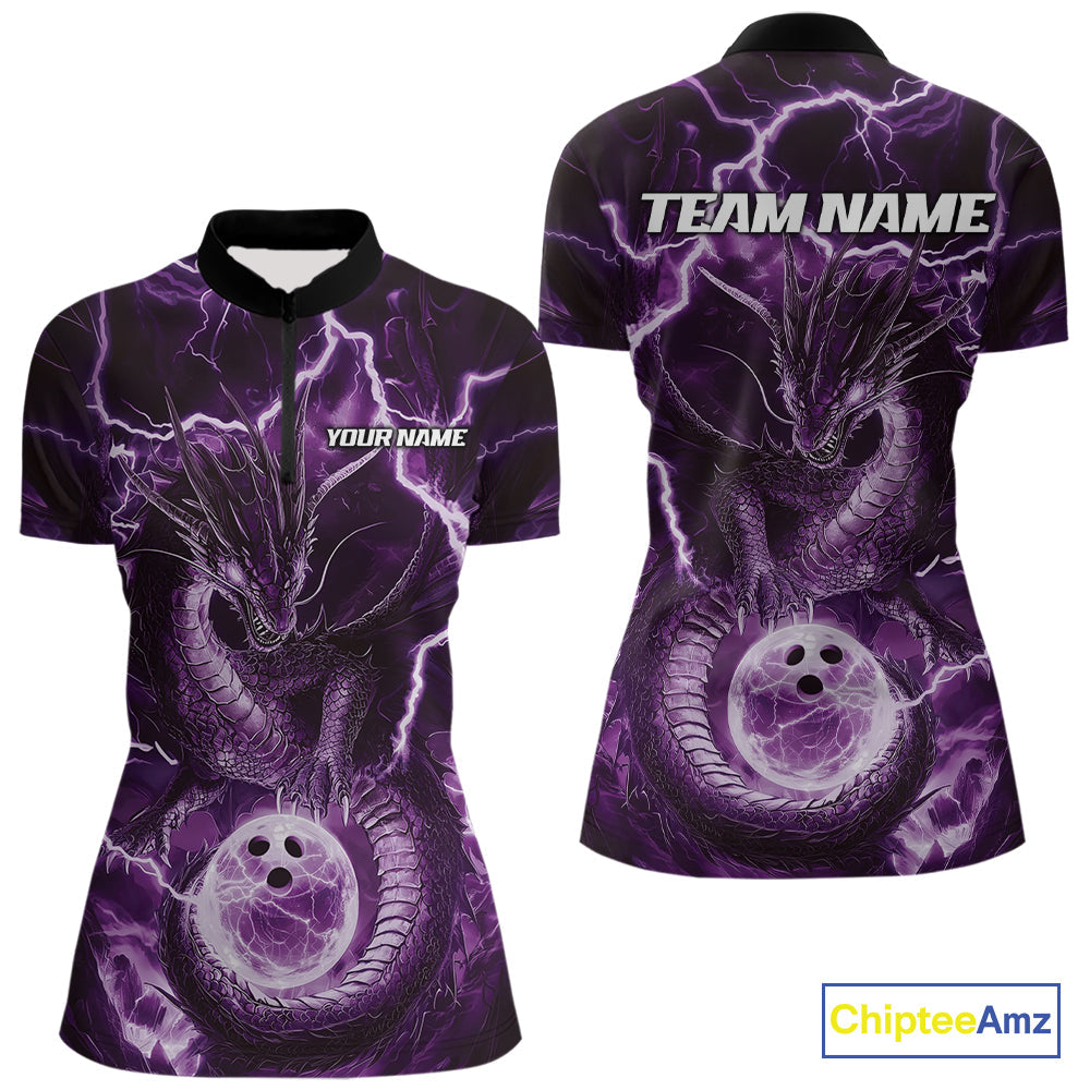 Custom Purple Thunder Lightning Dragon Bowling Quarter-Zip Shirts For Women, Team Uniform IPHW9758