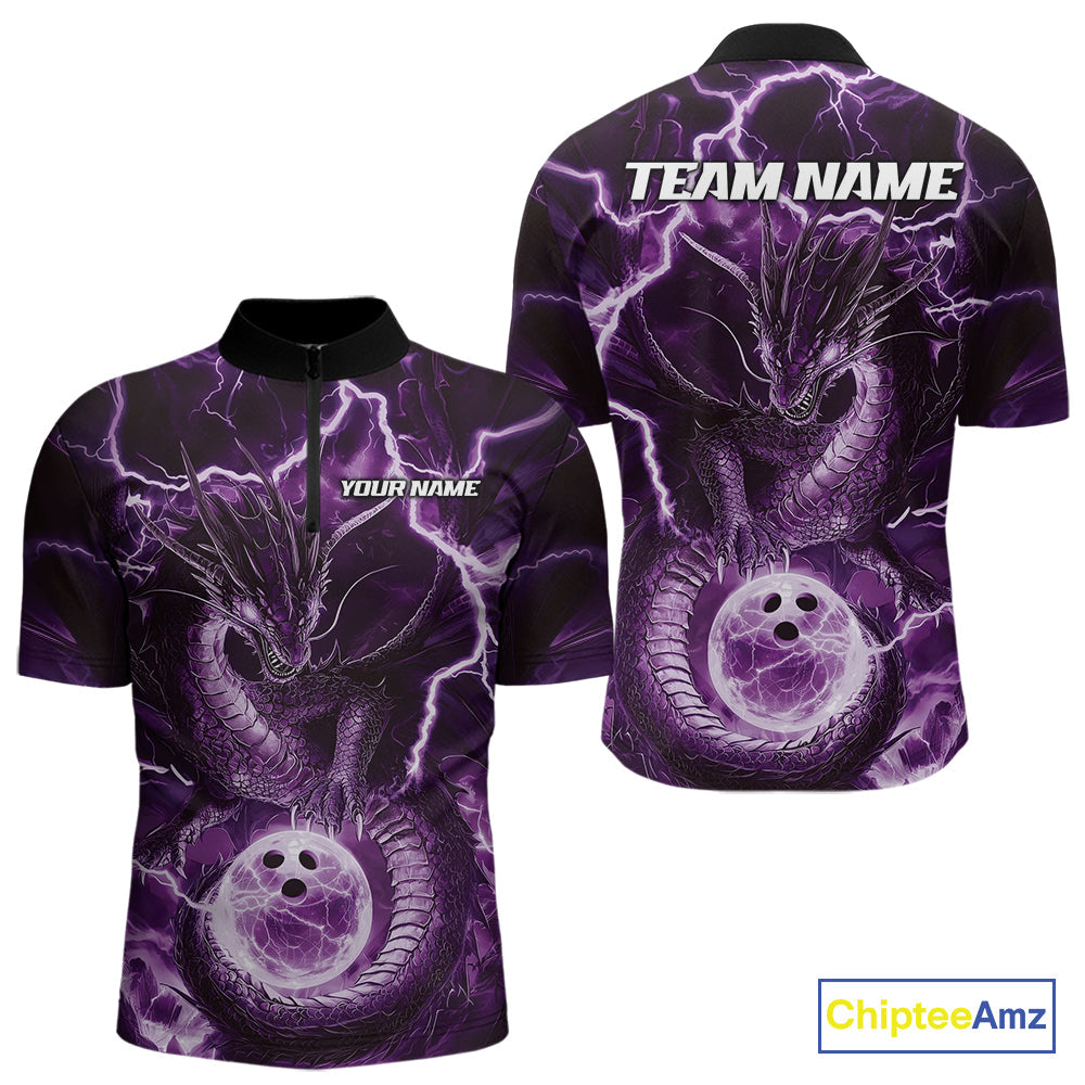 Custom Purple Thunder Lightning Dragon Bowling Quarter-Zip Shirts For Men, Team Uniform IPHW9758