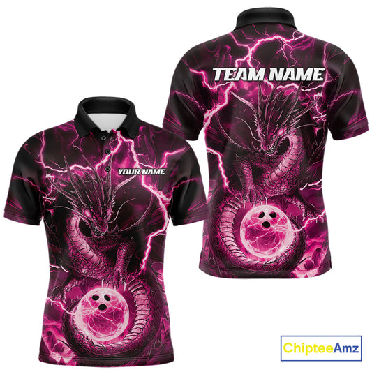 Custom Pink Thunder Lightning Dragon Bowling Polo Shirts For Men, Team Uniform IPHW9760