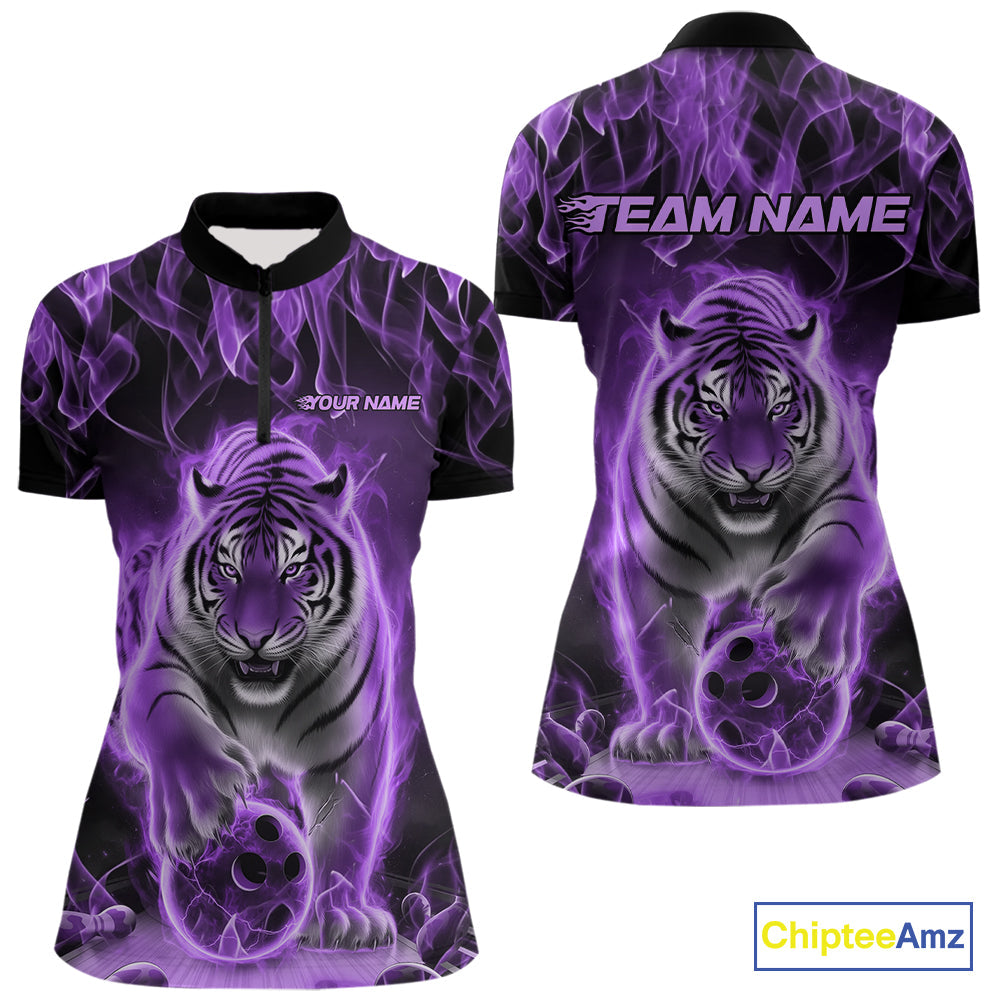 Custom Purple Flame Tiger Bowling Quarter-Zip Shirts For Women, Tiger Bowling Team Shirt IPHW9761