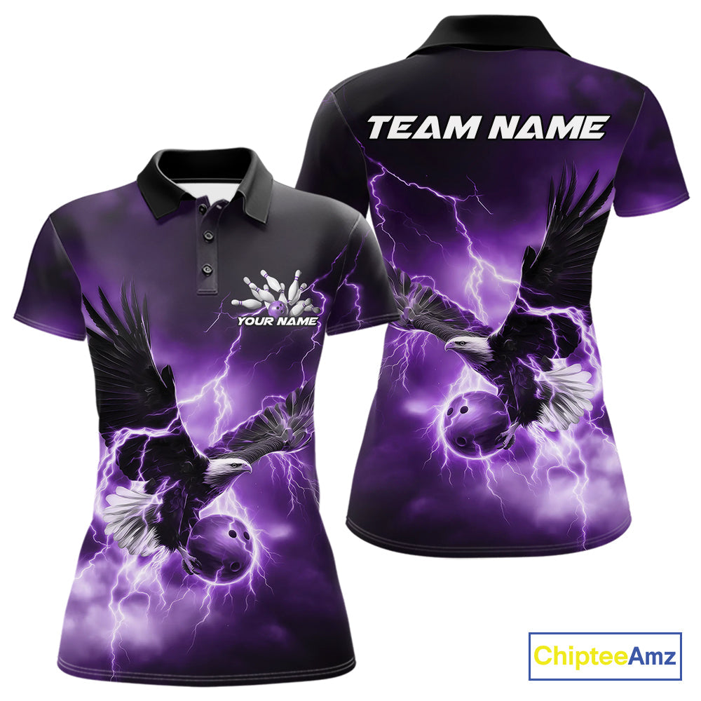 Custom Purple Thunder Lightning Eagle Bowling Women Polo Shirts, Eagle Bowling Jerseys IPHW10148