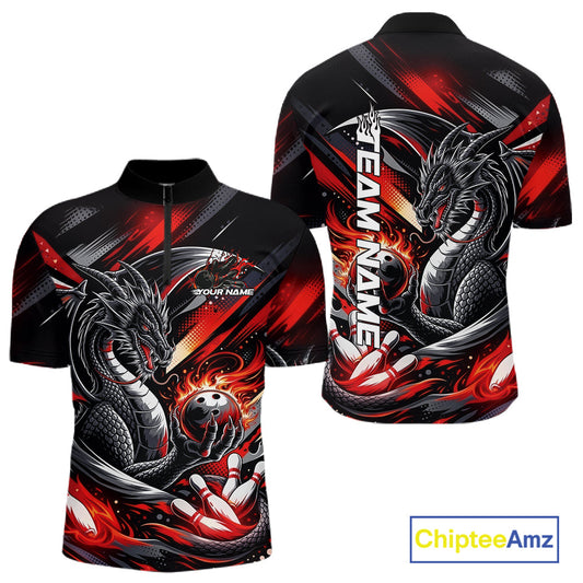 Personalized Black And Red Dragon Bowling Team Jerseys, Dragon Bowling Quarter-Zip Shirt IPHW10299