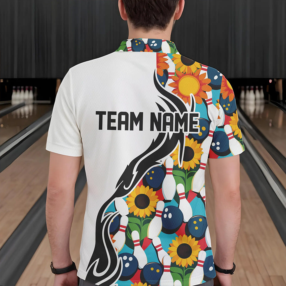 Custom Sunflower Bowling Pattern Polo Shirts For Men, Sunflower Bowling Team Shirts IPHW8439