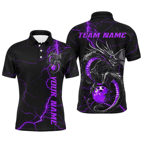 Black And Purple Custom Dragon Bowling Polo Shirts For Men, Dragon Bowling League Shirts IPHW8687