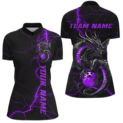 Black And Purple Custom Dragon Bowling Womens Quarter-Zip Shirts, Bowling League Shirts IPHW8687