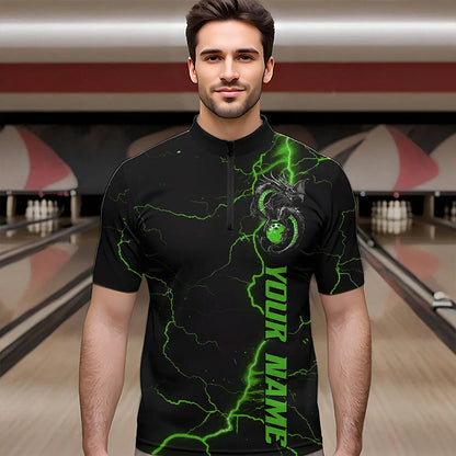Black And Green Custom Dragon Bowling Quarter-Zip Shirts For Men, Dragon Bowling League Shirts IPHW8689
