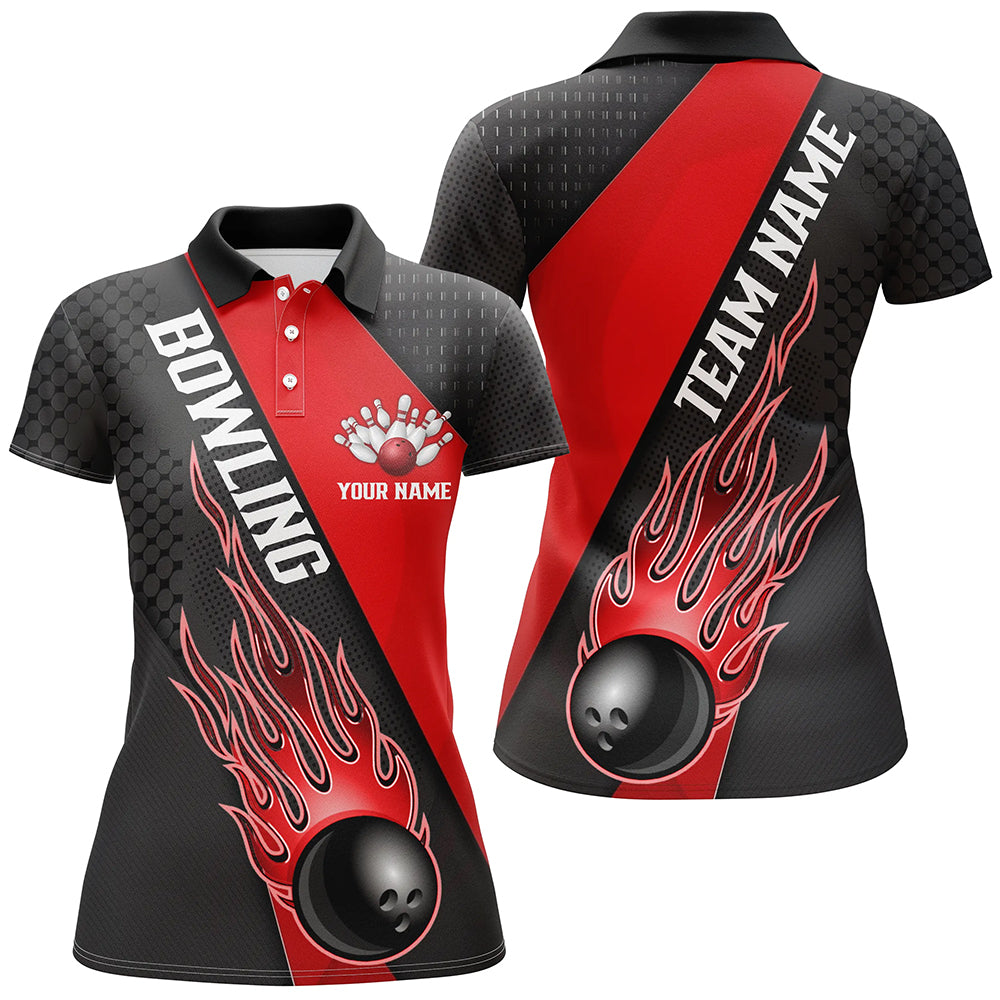 Red Flame Bowling Ball Custom Bowling Shirts For Women, Bowling Team Jerseys IPHW6183