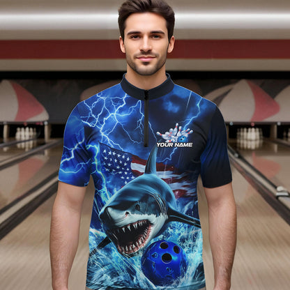 Custom Blue Lightning Patriotic Shark Bowling Team Men Quarter-Zip Shirts, US Flag Bowling Shirt IPHW8943