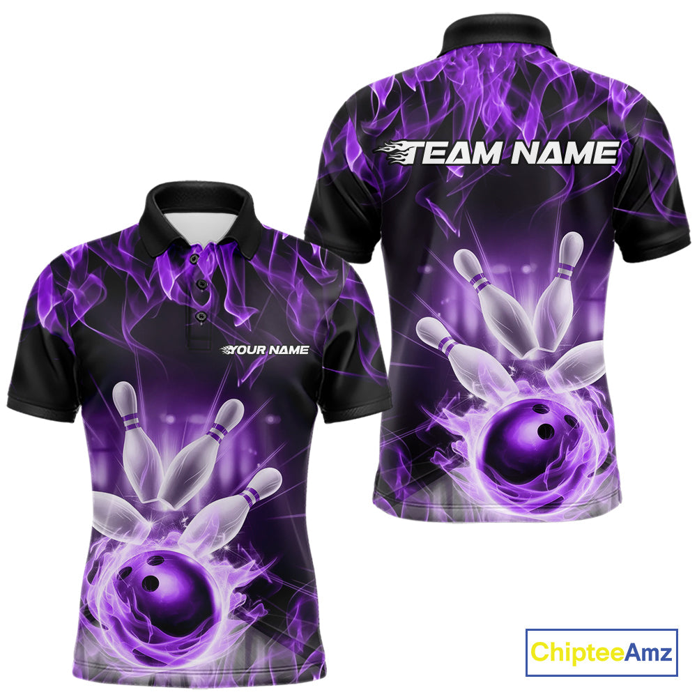 Custom Black And Purple Flame Bowling Team Polo Shirts For Men, Fire Bowling League Shirt IPHW9387