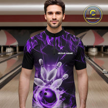 Load image into Gallery viewer, Custom Black And Purple Flame Bowling Team Quarter-Zip Shirts For Men, Fire Bowling League Shirt IPHW9387