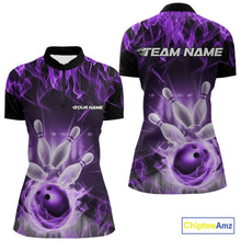 Load image into Gallery viewer, Custom Black And Purple Flame Bowling Women Quarter-Zip Shirts, Fire Bowling League Shirt IPHW9387