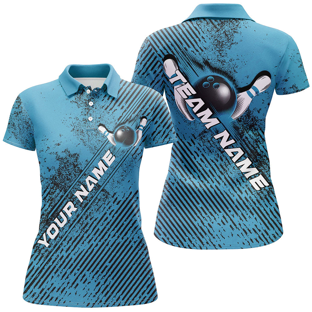 Custom Blue Bowling Jerseys, Grunge Bowling Polo Shirts For Women Bowlers Outfits IPHW8230