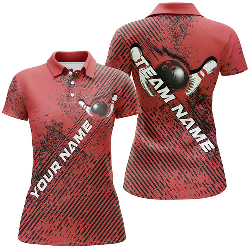 Custom Red Bowling Jerseys, Grunge Bowling Polo Shirts For Women Bowlers Outfits IPHW8231