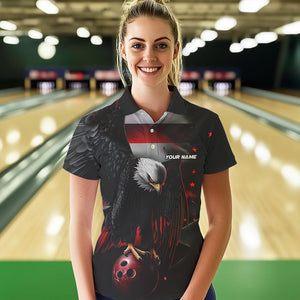 Custom Black And Red US Flag Eagle Womens Bowling Polo Shirt, Patriotic Bowling Shirt IPHW8453