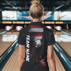 Custom Black And Red US Flag Eagle Womens Bowling Polo Shirt, Patriotic Bowling Shirt IPHW8453