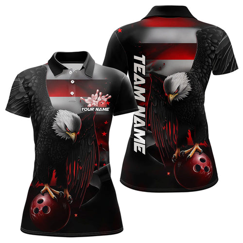 Custom Black And Red US Flag Eagle Womens Bowling Polo Shirt, Patriotic Bowling Shirt IPHW8453