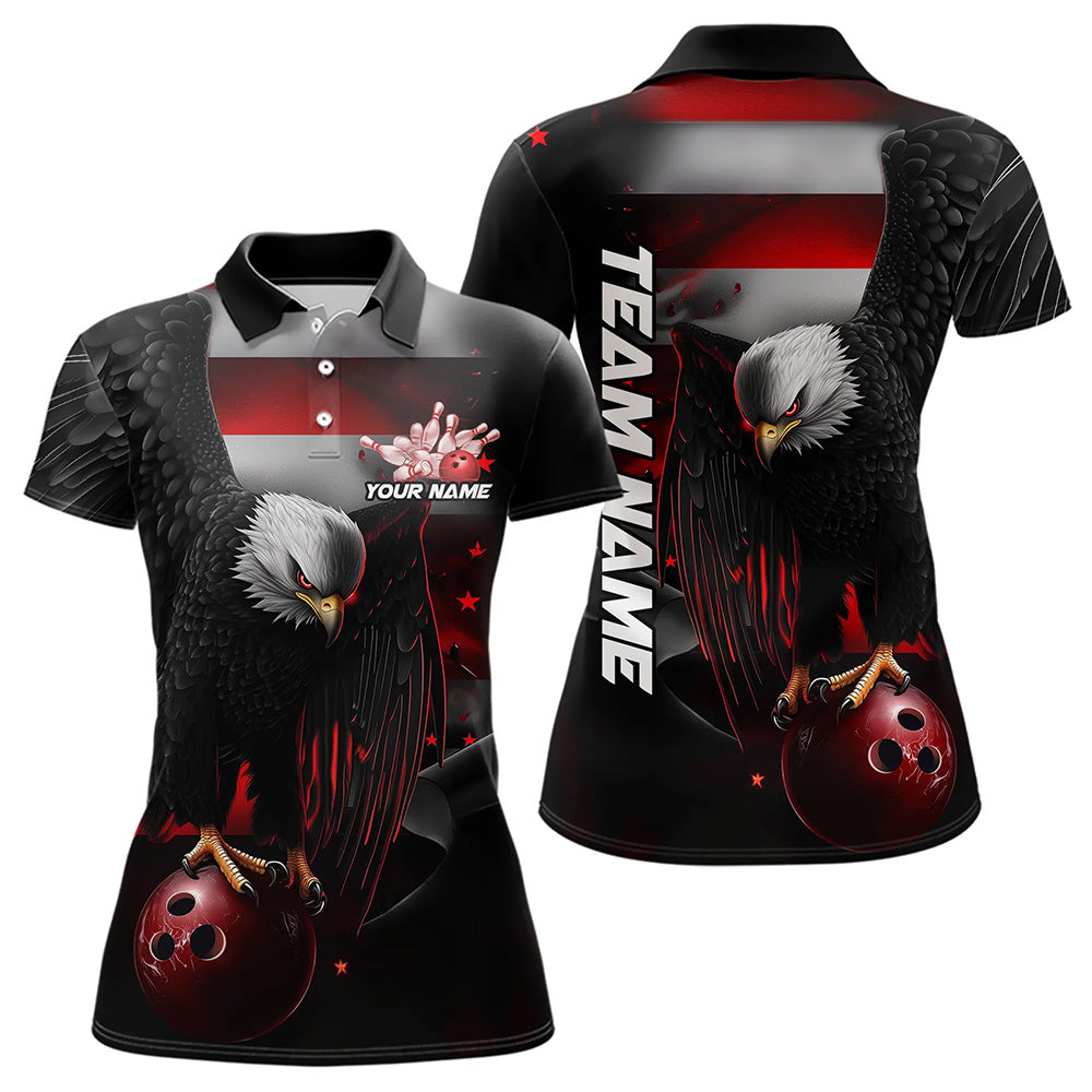 Custom Black And Red US Flag Eagle Womens Bowling Polo Shirt, Patriotic Bowling Shirt IPHW8453