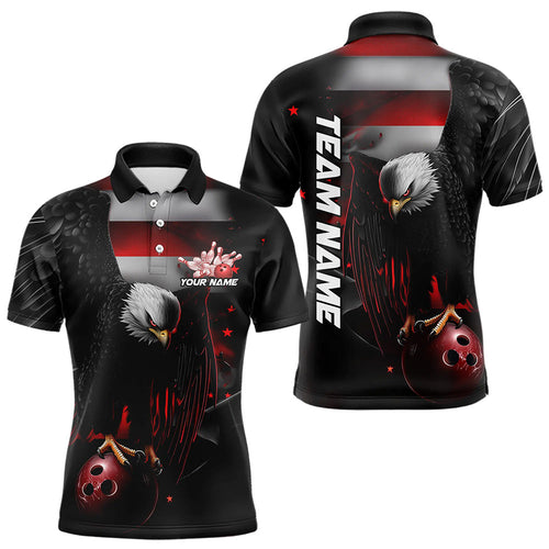 Custom Black And Red US Flag Eagle Bowling Polo Shirts For Men, Patriotic Bowling League Shirt IPHW8453