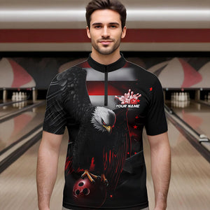 Custom Black And Red US Flag Eagle Bowling Quarter-Zip Shirt For Men, Patriotic Bowling League Shirt IPHW8453