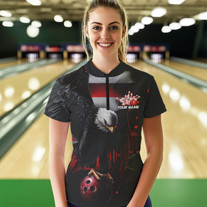 Custom Black And Red US Flag Eagle Patriotic Bowling Quarter-Zip Shirts For Women IPHW8453