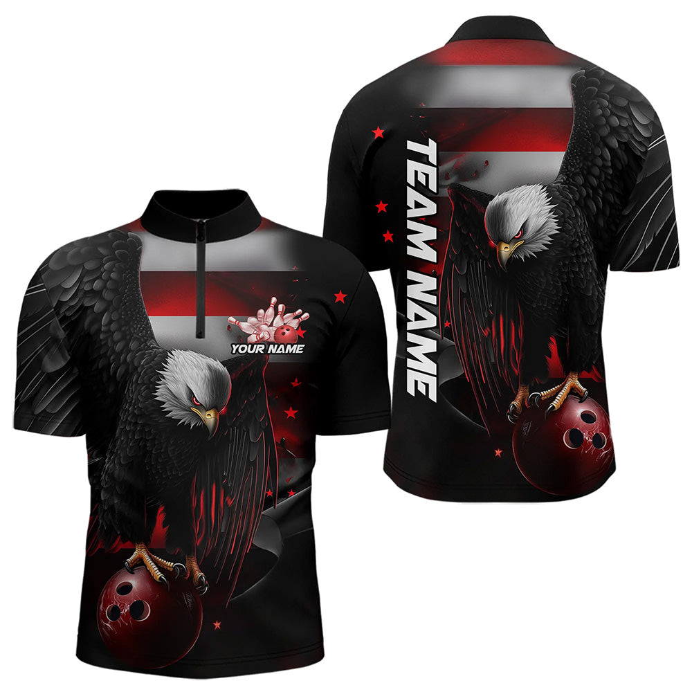 Custom Black And Red US Flag Eagle Bowling Quarter-Zip Shirt For Men, Patriotic Bowling League Shirt IPHW8453