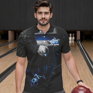 Custom Black And Blue US Flag Eagle Bowling Polo Shirts For Men, Patriotic Bowling League Shirt IPHW8454