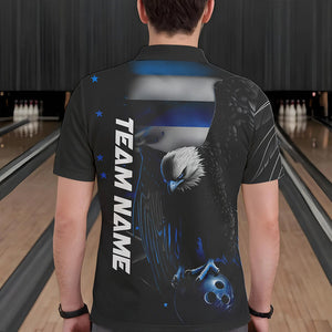 Custom Black And Blue US Flag Eagle Bowling Polo Shirts For Men, Patriotic Bowling League Shirt IPHW8454