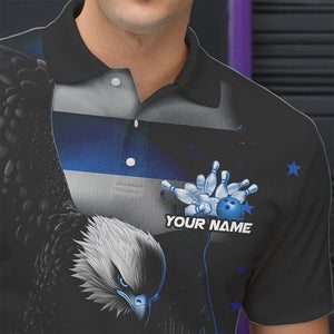 Custom Black And Blue US Flag Eagle Bowling Polo Shirts For Men, Patriotic Bowling League Shirt IPHW8454