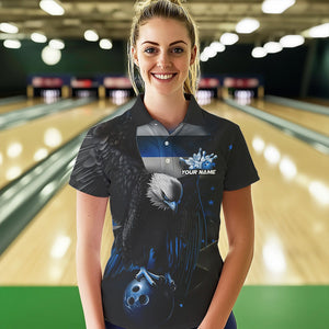 Custom Black And Blue US Flag Eagle Womens Bowling Polo Shirt, Patriotic Bowling Shirt IPHW8454