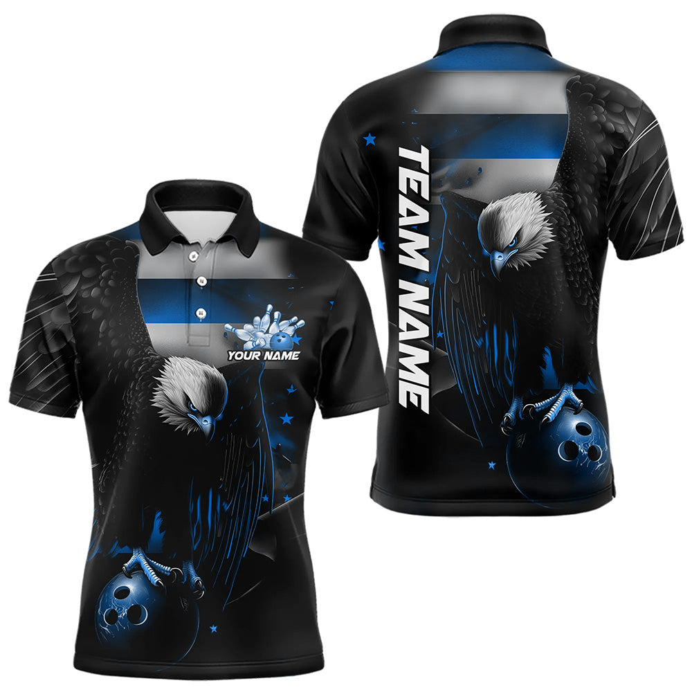 Custom Black And Blue US Flag Eagle Bowling Polo Shirts For Men, Patriotic Bowling League Shirt IPHW8454