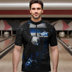 Custom Black And Blue US Flag Eagle Mens Bowling Quarter-Zip Shirts, Patriotic Bowling League Shirt IPHW8454