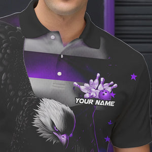 Custom Black And Purple US Flag Eagle Bowling Polo Shirts For Men, Patriotic Bowling League Shirt IPHW8455