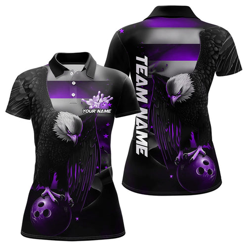 Custom Black And Purple US Flag Eagle Womens Bowling Polo Shirt, Patriotic Bowling Shirt IPHW8455