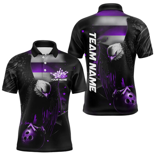 Custom Black And Purple US Flag Eagle Bowling Polo Shirts For Men, Patriotic Bowling League Shirt IPHW8455