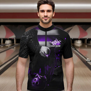 Custom Black And Purple US Flag Eagle Mens Bowling Quarter-Zip Shirt, Patriotic Bowling League Shirt IPHW8455