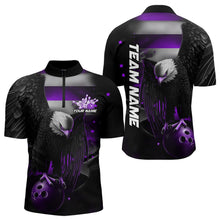 Load image into Gallery viewer, Custom Black And Purple US Flag Eagle Mens Bowling Quarter-Zip Shirt, Patriotic Bowling League Shirt IPHW8455