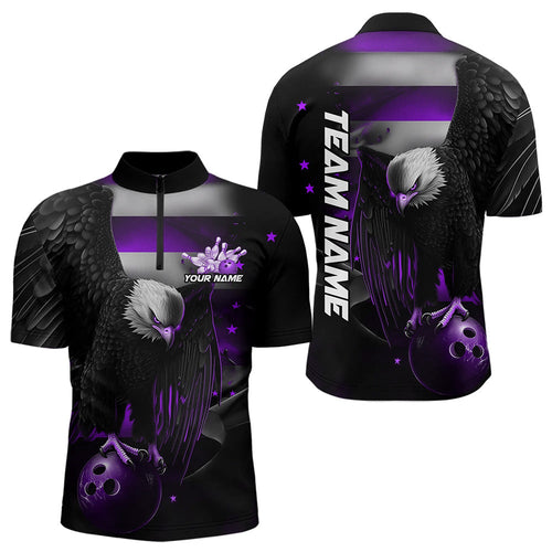 Custom Black And Purple US Flag Eagle Mens Bowling Quarter-Zip Shirt, Patriotic Bowling League Shirt IPHW8455