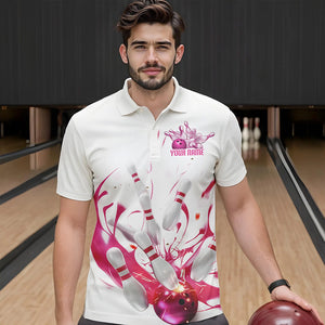 Custom White And Pink Splatter Bowling Polo Shirts For Men, Bowling Tournament Shirt IPHW8459