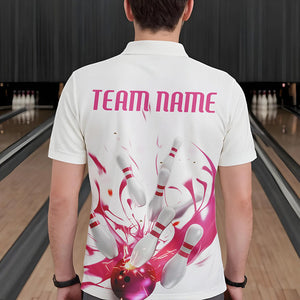 Custom White And Pink Splatter Bowling Polo Shirts For Men, Bowling Tournament Shirt IPHW8459