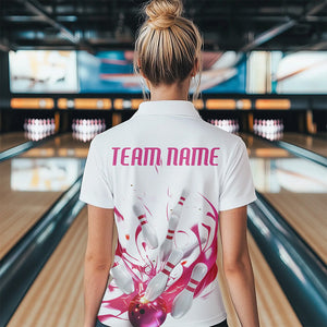 Custom White And Pink Splatter Bowling Polo Shirts For Women, Bowling Tournament Shirt IPHW8459