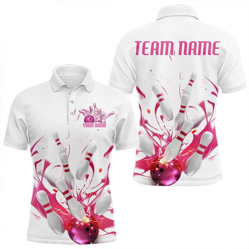 Custom White And Pink Splatter Bowling Polo Shirts For Men, Bowling Tournament Shirt IPHW8459