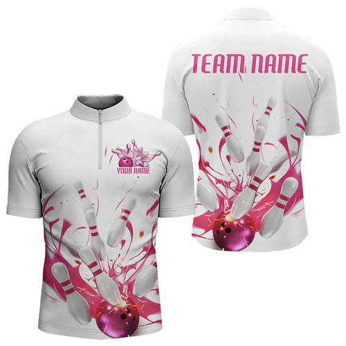 Custom White And Pink Splatter Bowling Quarter-Zip Shirts For Men, Bowling Tournament Shirt IPHW8459