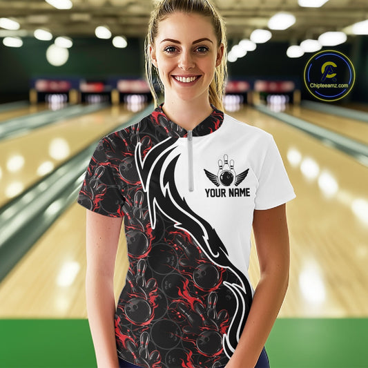 Custom Black And Red Flame Bowling Team Shirt, Bowling League Shirt Women Bowling Jersey IPHW10543