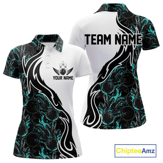 Custom Black And Turquoise Blue Flame Bowling Team Shirts, Women Bowling League Shirt IPHW10544