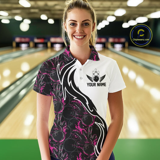 Custom Black And Pink Flame Bowling Team Shirts, Bowling League Shirt Women Bowling Jersey IPHW10546
