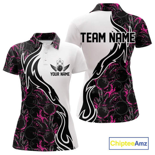 Custom Black And Pink Flame Bowling Team Shirts, Bowling League Shirt Women Bowling Jersey IPHW10546